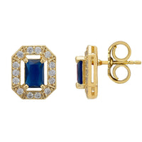 Gold sapphire-blue stud earrings side view with secure back clasp