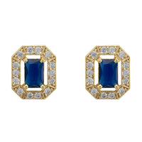 Gold stud earrings with sapphire-blue gemstone and clear stone halo