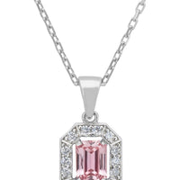 Silver pendant necklace with octagon halo frame and pink gemstone centerpiece