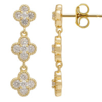 Gold triple clover drop earrings with visible hinge and post back