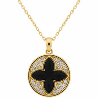 Gold necklace with round clover pendant, black enamel center and crystal border