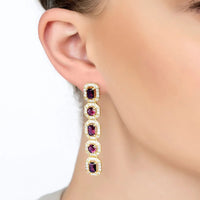 Gold-tone ruby gemstone drop earrings, five ruby stones in square bezels