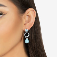 Turquoise teardrop earrings, silver-tone with black ring detail and crystal accents