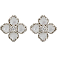 Clover flower mother-of-pearl stud earrings, silver-tone with crystal center