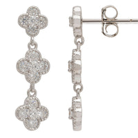 Silver mini triple clover drop earrings with visible post back and hinged clasp