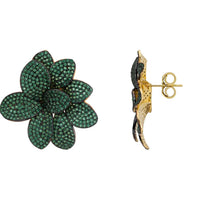 Flower stud earrings with dark green pave petals and gold backs, side view