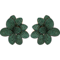 Large flower stud earrings with dark green gem petals and gold-tone post
