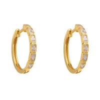 Gold hoop earrings with baguette-cut clear stones, hinged hoop design
