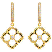 Gold clover flower drop earrings with open pointed petals and small crystal centers