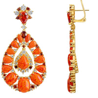 Gold fire opal drop earrings with orange teardrop stones and hinged clip-back