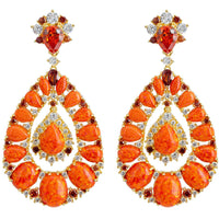 Gold fire opal teardrop drop earrings with orange stones and clear crystal accents