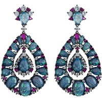 Oxidized silver drop earrings with blue opal teardrop and purple gem accents