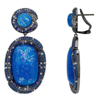 Blue opal drop earrings, front and back views with silver-toned hooks