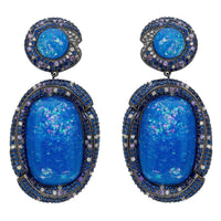 Blue opal drop earrings in oxidized silver with round stud and oval drop