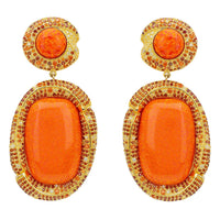 Gold drop earrings with round and oval orange cabochons in textured jeweled settings