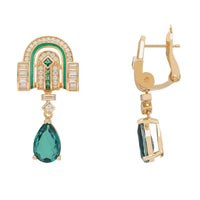 Gold-tone drop earrings with emerald-green teardrop stones and geometric side details