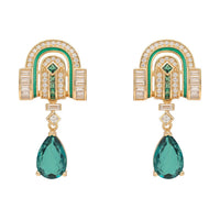 Art Deco drop earrings with emerald-green teardrop stones and gold-tone arch settings
