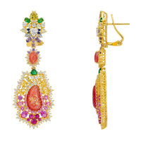 Gold-tone drop earrings, side view, with rainbow gemstone fringe and teardrop