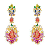 Gold-tone drop earrings with rainbow gemstone teardrops and leaf fringe