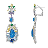 Silver rainbow-drop earrings with blue teardrop centerpiece and dangling stones