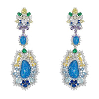 Silver drop earrings with blue teardrop center and multicolor gemstone cluster