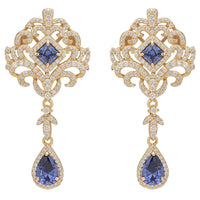 Gold drop earrings with tanzanite teardrop gemstone and diamond-like pave detail