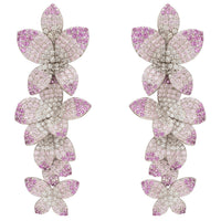Pink and silver cherry blossom drop earrings, five glitter flower clusters