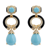 Gold-tone turquoise and enamel drop earrings with black cabochon and blue teardrop charm