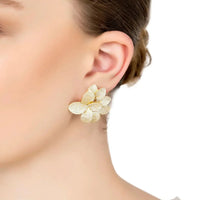 Gold five-petal flower stud earrings, textured sparkle