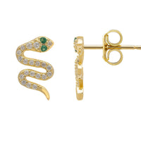 Gold snake stud earrings, detailed front and post with backings