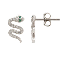 Silver snake stud earrings with clear CZ sparkle and green center stone; back view