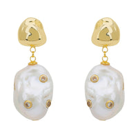 Gold-tone baroque stud and teardrop pearl drop earrings with CZ accents