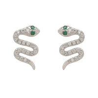 Silver snake stud earrings with green CZ eyes and clear stone pave detail
