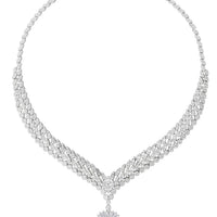 Silver-toned rhinestone statement necklace with ruby-red teardrop pendant