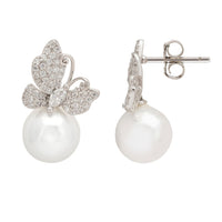 Pair of silver-tone butterfly drop earrings with glitter detail and pearl drops