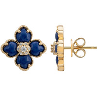 Gold-tone clover flower stud earrings with blue stones and butterfly backs