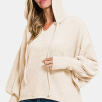 Sand beige brushed hacci cropped zip hoodie with hood and relaxed long cuffs