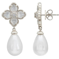 Silver flower clover drop earrings, showing stud back with pearl teardrop dangle