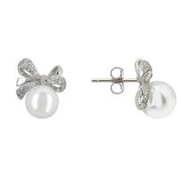 Ribbon Bow Pearl Stud Earrings Silver-2