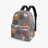 Grey backpack with orange monster truck and flame graphics, black straps, front view