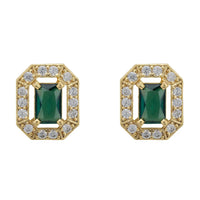 Gold gemstone stud earrings with emerald-green center and clear halo stones