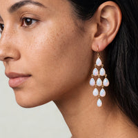 Gold-tone opal teardrop chandelier earrings, long dangling drops