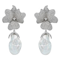Flower drop clip-on earrings with silver glitter petals and white pearl dangle