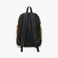 Back view of kids canvas backpack with green food print and cushioned black straps