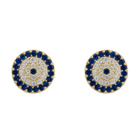 Gold evil eye stud earrings with blue and clear crystal halo