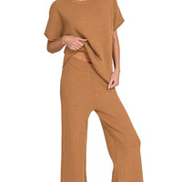 Deep camel viscose top with loose short sleeves and matching wide-leg pants set