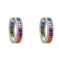 Silver hoop earrings with rainbow baguette gemstone stripe and crystal border