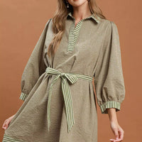 Olive belted puff-sleeve mini dress with striped collar placket and border hem