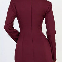 Wine red blazer dress back view with long sleeves and button-front panel