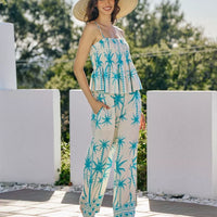 Womenβs blue palm-print smocked bodice adjustable cami top with ruffled tiers